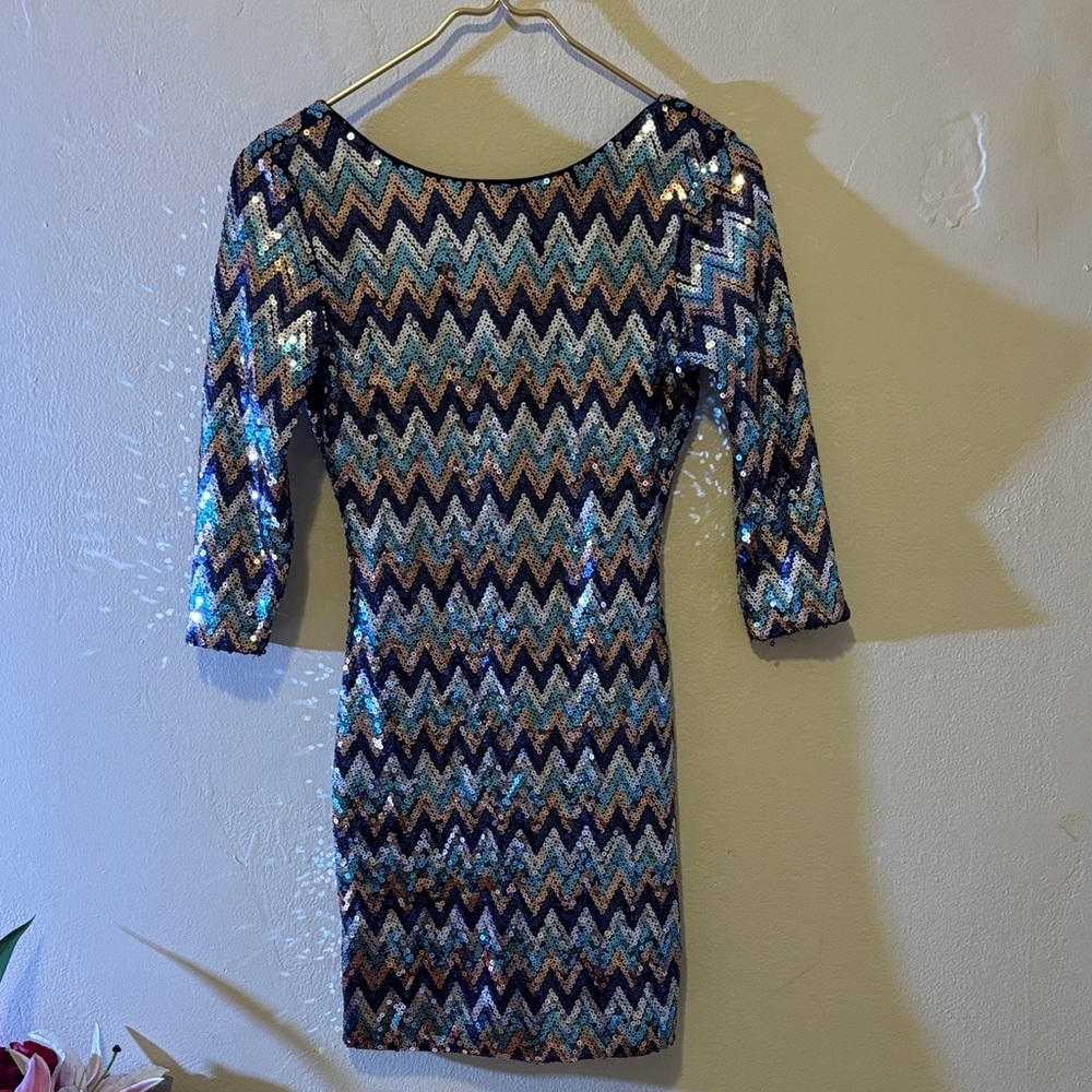 Love Reign Chevron Sequin Mini Dress - Blue and Gold